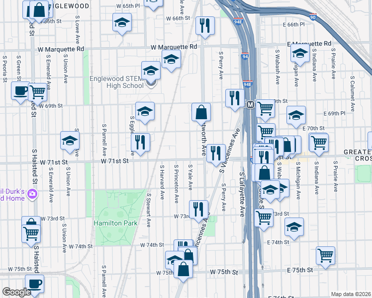 map of restaurants, bars, coffee shops, grocery stores, and more near 7036 South Yale Avenue in Chicago