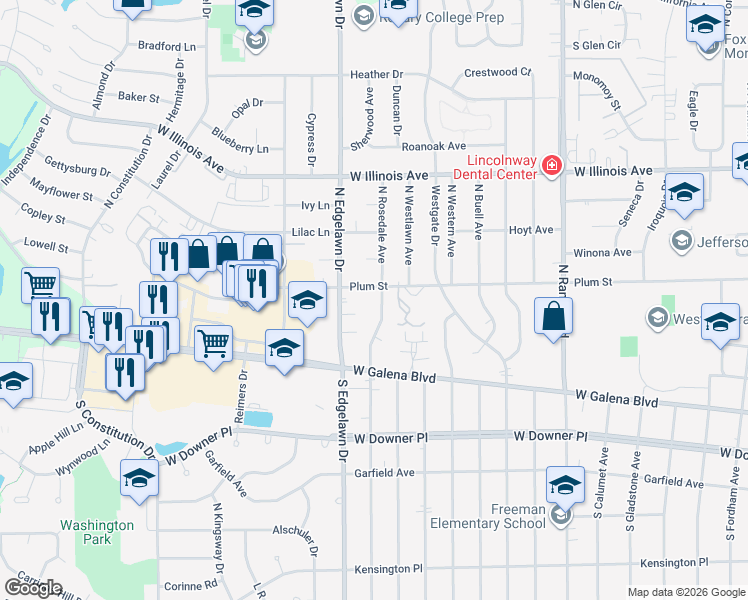 map of restaurants, bars, coffee shops, grocery stores, and more near 221 North Rosedale Avenue in Aurora