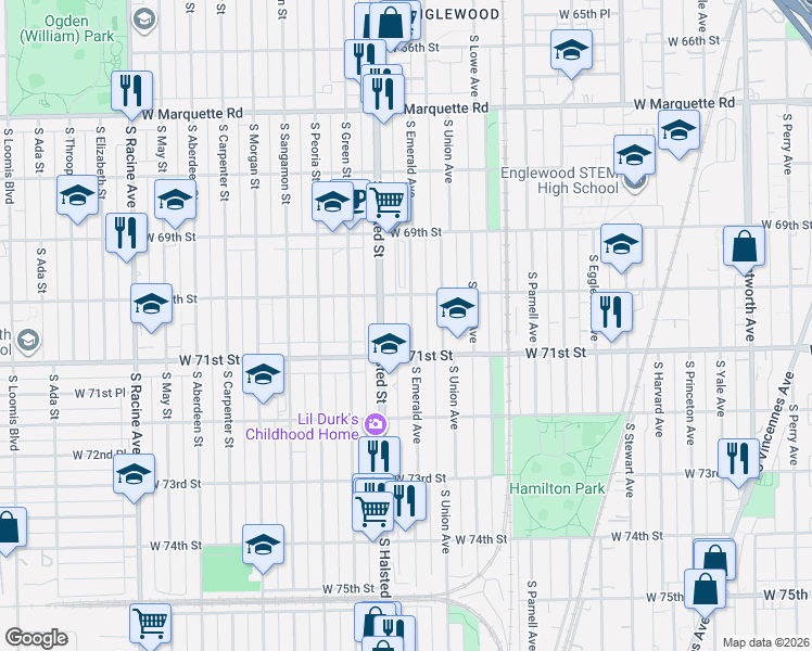 map of restaurants, bars, coffee shops, grocery stores, and more near 7032 South Emerald Avenue in Chicago
