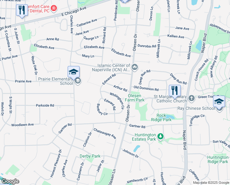 map of restaurants, bars, coffee shops, grocery stores, and more near 1227 Whitingham Circle in Naperville
