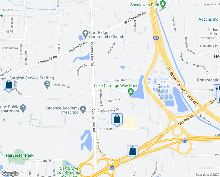 map of restaurants, bars, coffee shops, grocery stores, and more near 108 Stirrup Lane in Burr Ridge