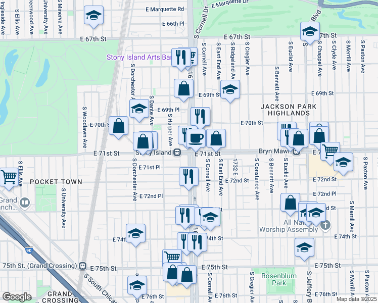 map of restaurants, bars, coffee shops, grocery stores, and more near 7100 South Stony Island Avenue in Chicago