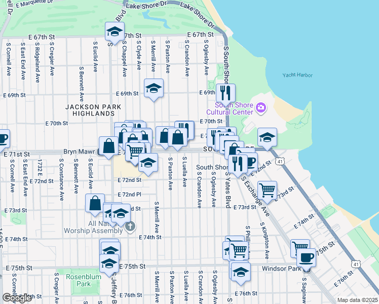 map of restaurants, bars, coffee shops, grocery stores, and more near E 71st St & S Crandon Ave in Chicago