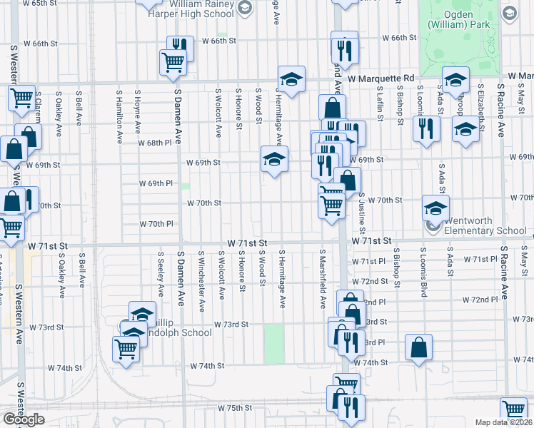 map of restaurants, bars, coffee shops, grocery stores, and more near 7018 South Wood Street in Chicago