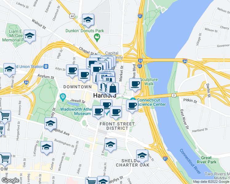 map of restaurants, bars, coffee shops, grocery stores, and more near 90 State House Square in Hartford