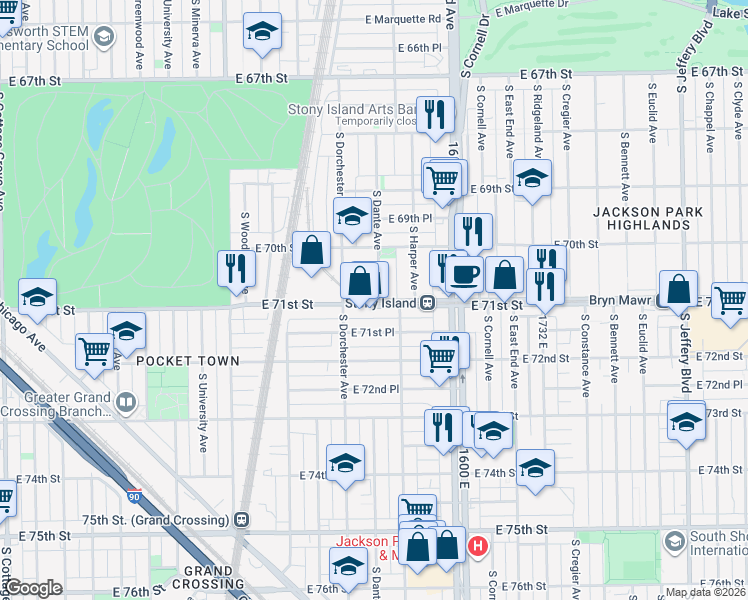 map of restaurants, bars, coffee shops, grocery stores, and more near 7035 South Dorchester Avenue in Chicago