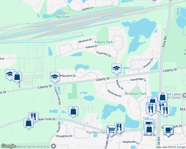 map of restaurants, bars, coffee shops, grocery stores, and more near 2505 Reflections Drive in Aurora