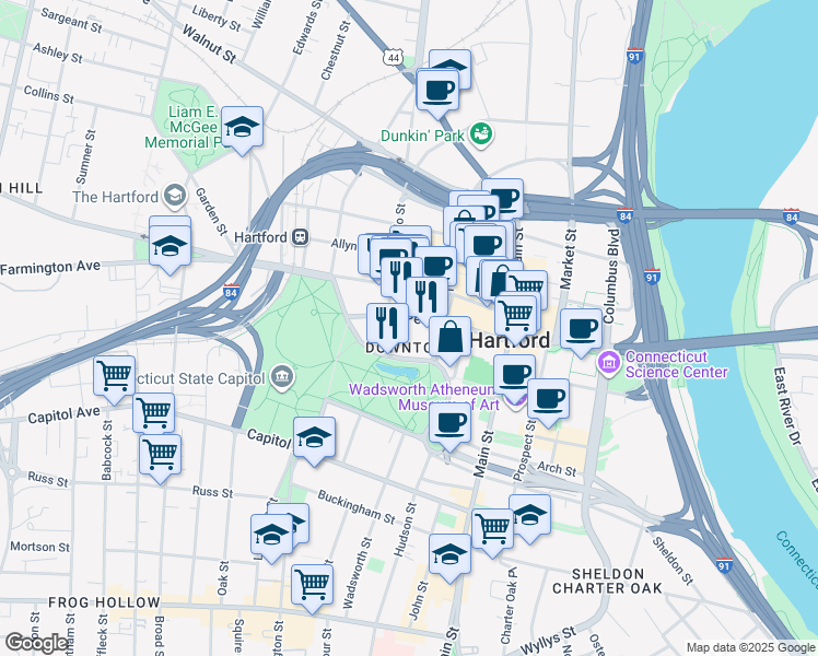 map of restaurants, bars, coffee shops, grocery stores, and more near 30 Ann Street in Hartford