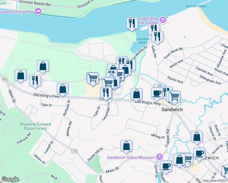 map of restaurants, bars, coffee shops, grocery stores, and more near 4 Merchants Road in Sandwich