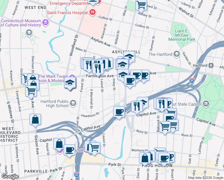 map of restaurants, bars, coffee shops, grocery stores, and more near 39 Imlay Street in Hartford