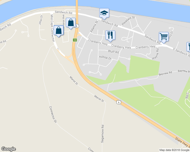 map of restaurants, bars, coffee shops, grocery stores, and more near 7 Hillcrest Drive in Bourne