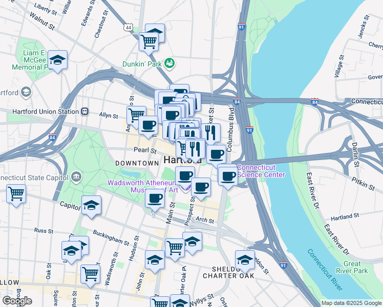 map of restaurants, bars, coffee shops, grocery stores, and more near 800 Main Street in Hartford
