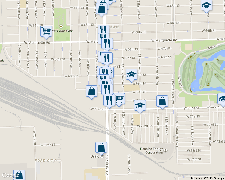 map of restaurants, bars, coffee shops, grocery stores, and more near 3938 W 70th St in Chicago