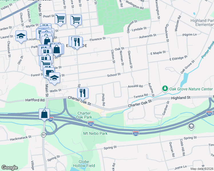 map of restaurants, bars, coffee shops, grocery stores, and more near 192 Wells Street in Manchester