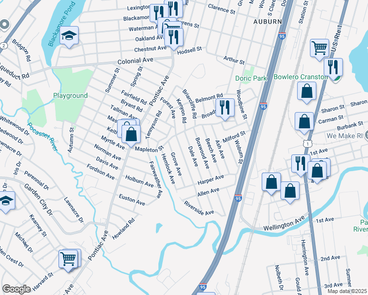 map of restaurants, bars, coffee shops, grocery stores, and more near 120 Forest Avenue in Cranston