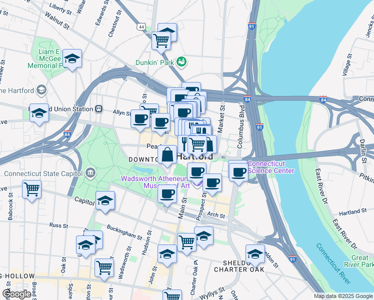 map of restaurants, bars, coffee shops, grocery stores, and more near in Hartford
