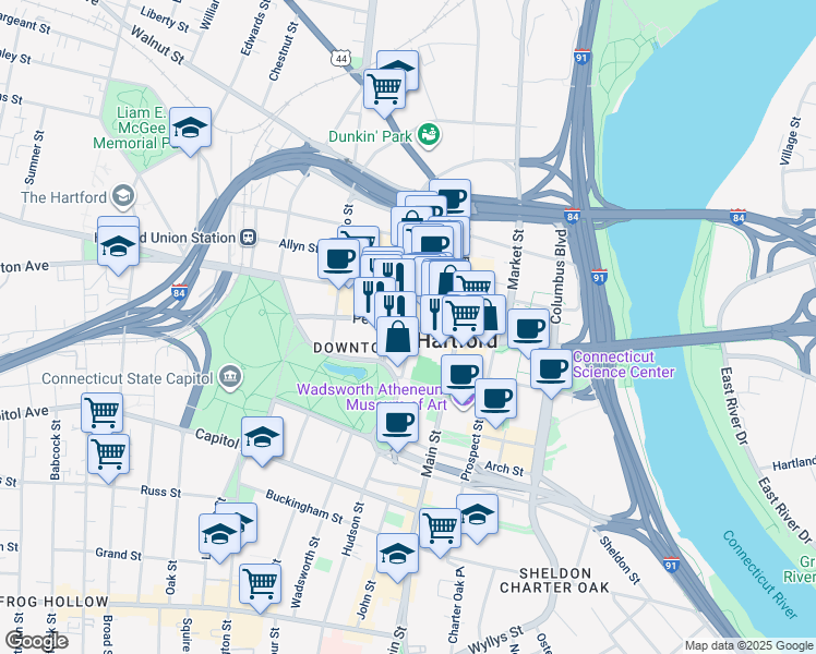 map of restaurants, bars, coffee shops, grocery stores, and more near 111 Pearl Street in Hartford