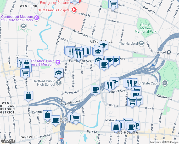 map of restaurants, bars, coffee shops, grocery stores, and more near 39 Imlay Street in Hartford