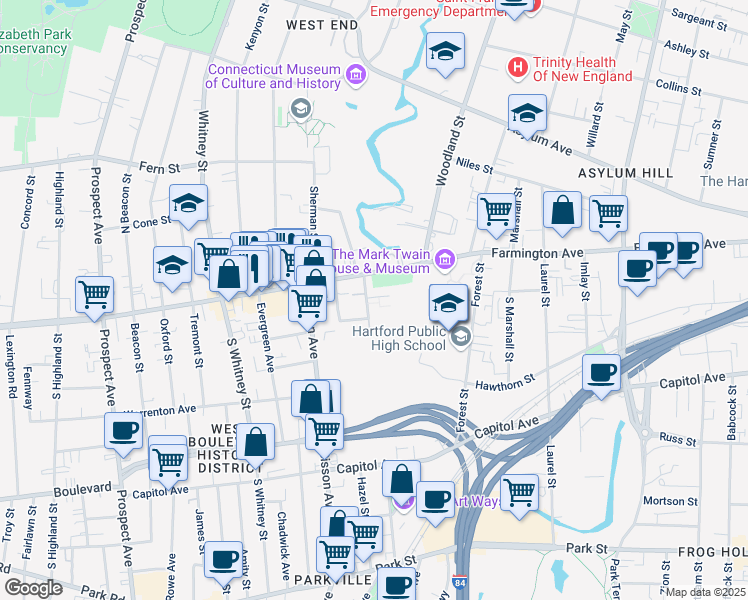 map of restaurants, bars, coffee shops, grocery stores, and more near 25 Owen Street in Hartford