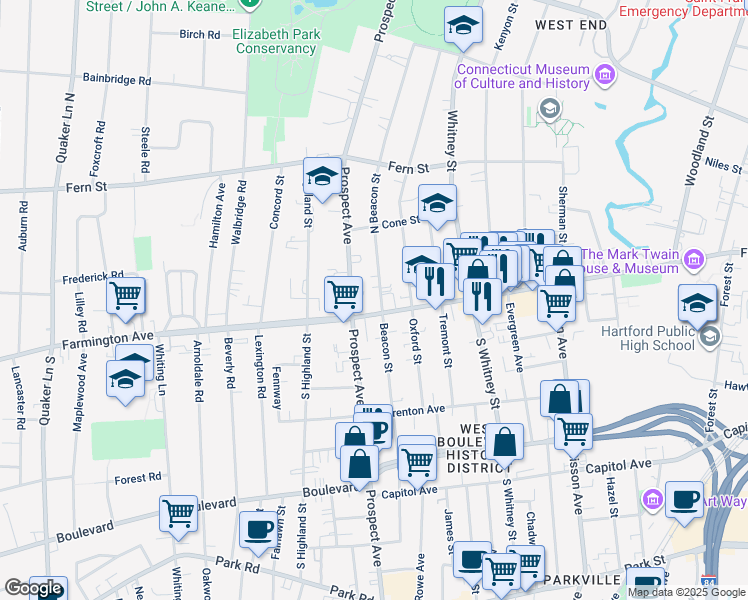 map of restaurants, bars, coffee shops, grocery stores, and more near 656 Farmington Avenue in Hartford