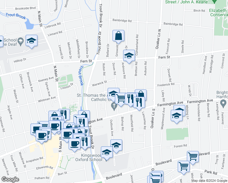 map of restaurants, bars, coffee shops, grocery stores, and more near 133A Milton Street in West Hartford