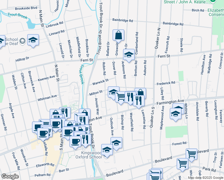 map of restaurants, bars, coffee shops, grocery stores, and more near 133A Milton Street in West Hartford