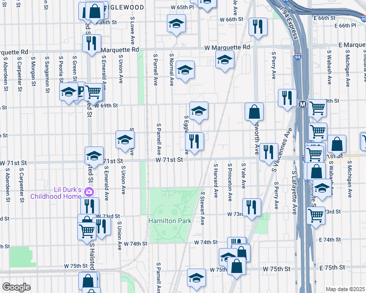 map of restaurants, bars, coffee shops, grocery stores, and more near 7038 South Eggleston Avenue in Chicago