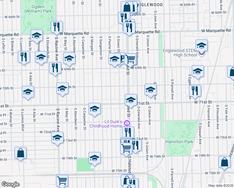 map of restaurants, bars, coffee shops, grocery stores, and more near 7033 South Peoria Street in Chicago
