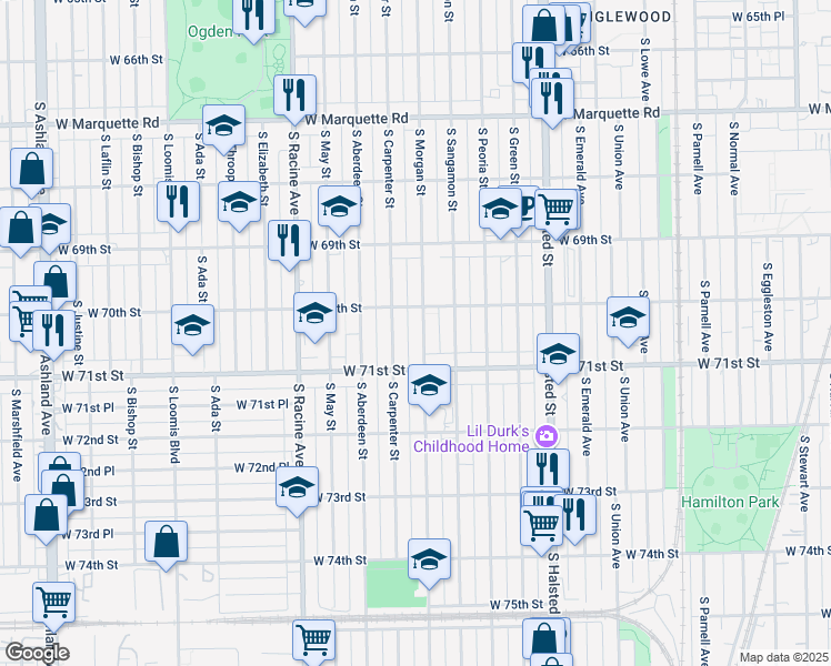 map of restaurants, bars, coffee shops, grocery stores, and more near 7030 South Morgan Street in Chicago