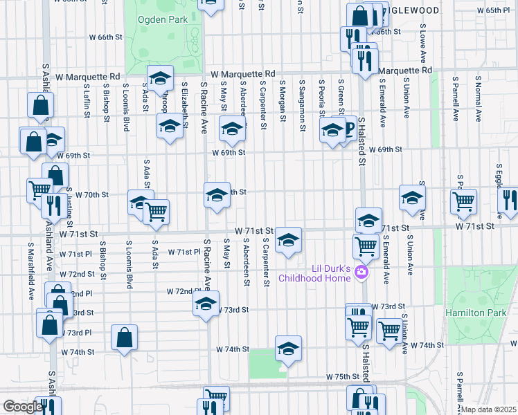 map of restaurants, bars, coffee shops, grocery stores, and more near 7028 South Carpenter Street in Chicago