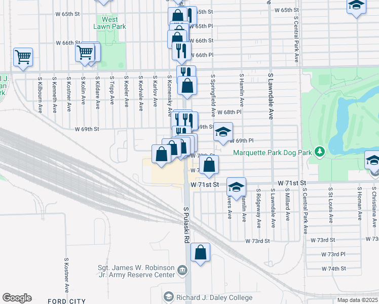 map of restaurants, bars, coffee shops, grocery stores, and more near 3938 West 70th Street in Chicago