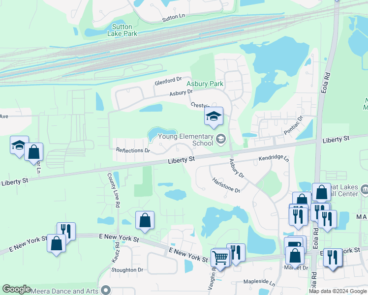 map of restaurants, bars, coffee shops, grocery stores, and more near 2505 Reflections Drive in Aurora