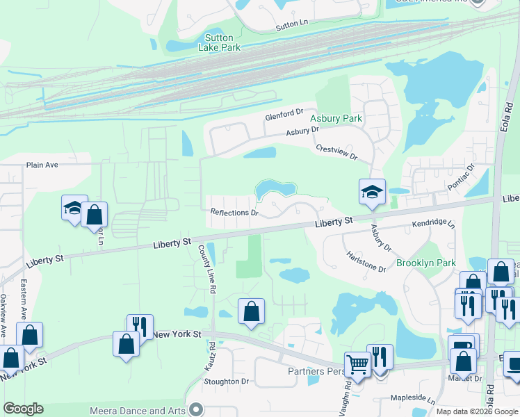 map of restaurants, bars, coffee shops, grocery stores, and more near 2368 Reflections Drive in Aurora