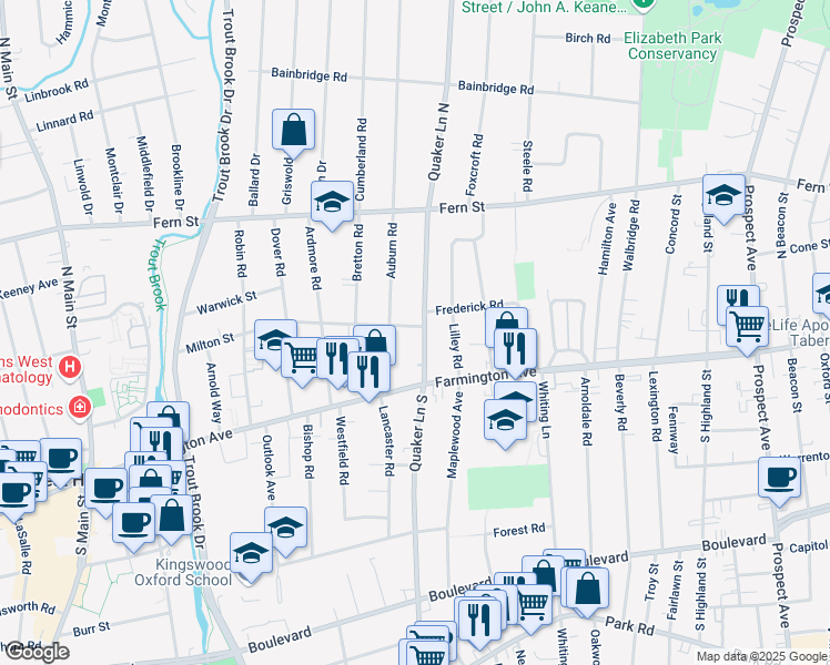 map of restaurants, bars, coffee shops, grocery stores, and more near 35 Quaker Lane South in West Hartford