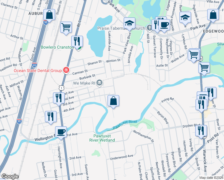 map of restaurants, bars, coffee shops, grocery stores, and more near 41 Wheatland Avenue in Cranston