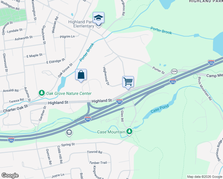 map of restaurants, bars, coffee shops, grocery stores, and more near 283 Highland Street in Manchester
