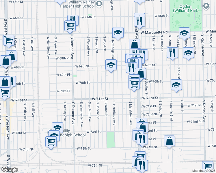 map of restaurants, bars, coffee shops, grocery stores, and more near 7018 South Wood Street in Chicago