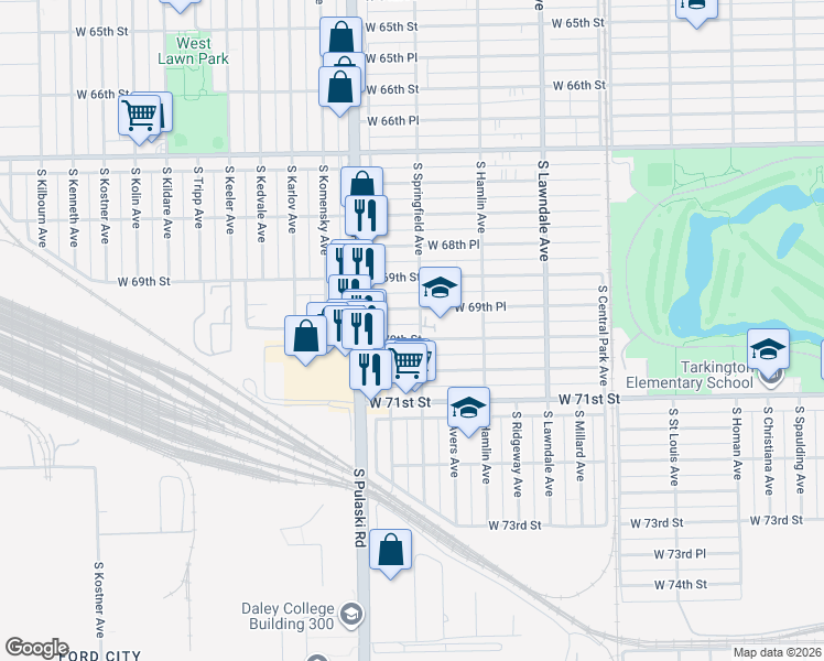 map of restaurants, bars, coffee shops, grocery stores, and more near 3901 West 70th Street in Chicago