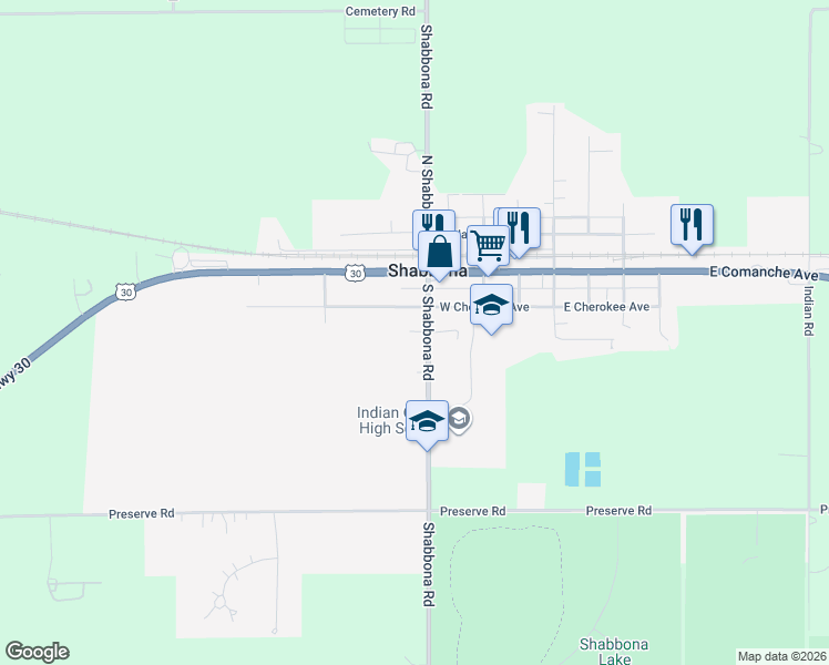 map of restaurants, bars, coffee shops, grocery stores, and more near 205 South Shabbona Road in Shabbona
