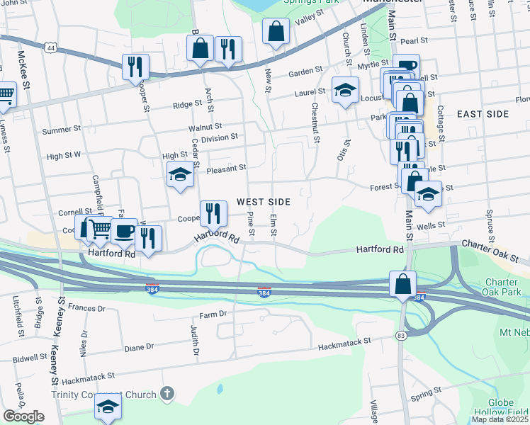 map of restaurants, bars, coffee shops, grocery stores, and more near 15 Hall Court in Manchester