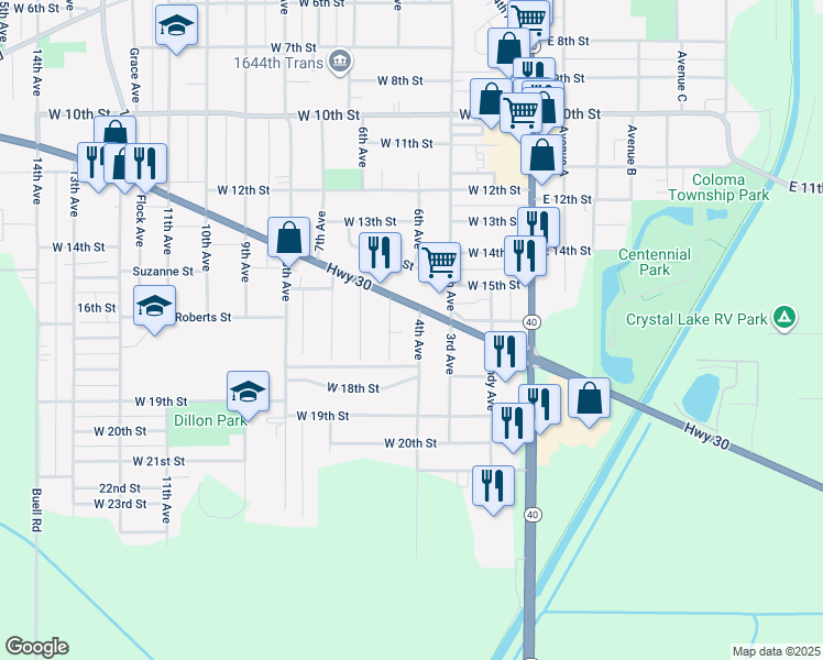 map of restaurants, bars, coffee shops, grocery stores, and more near 1602 4th Avenue in Rock Falls