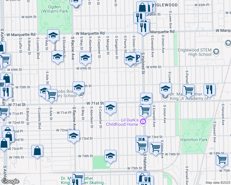 map of restaurants, bars, coffee shops, grocery stores, and more near 7018 South Sangamon Street in Chicago