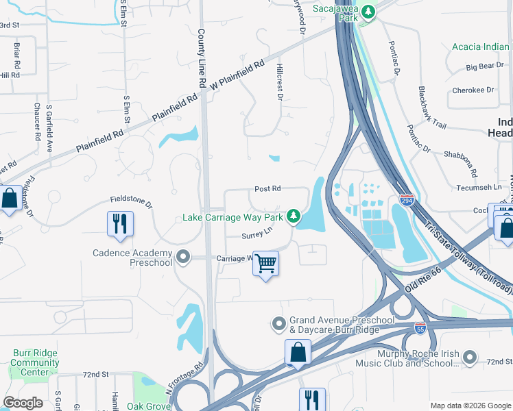 map of restaurants, bars, coffee shops, grocery stores, and more near 108 Stirrup Lane in Burr Ridge