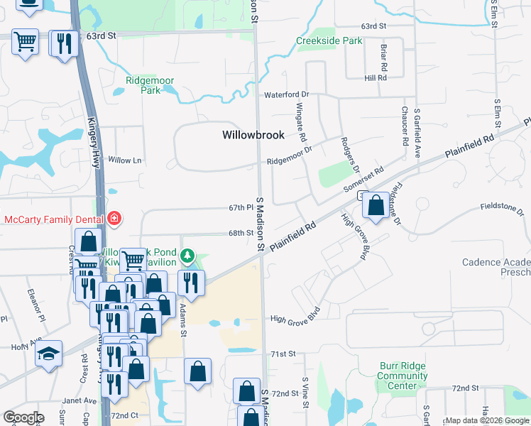 map of restaurants, bars, coffee shops, grocery stores, and more near 447 Stratford Lane in Willowbrook