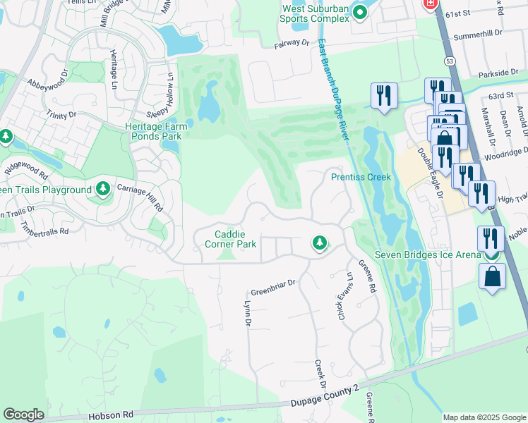map of restaurants, bars, coffee shops, grocery stores, and more near 6412 Greene Road in Woodridge