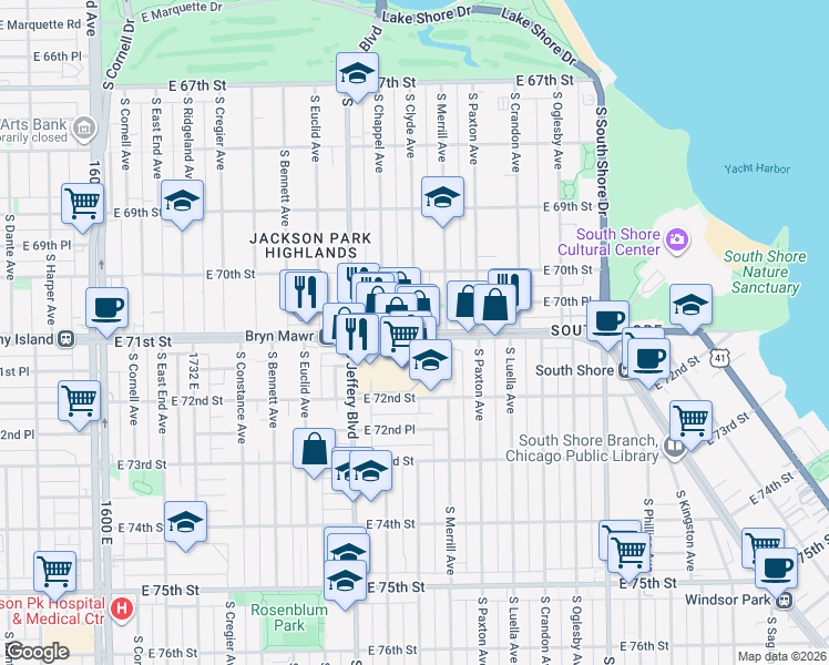 map of restaurants, bars, coffee shops, grocery stores, and more near E 71st St & S Clyde Ave in Chicago