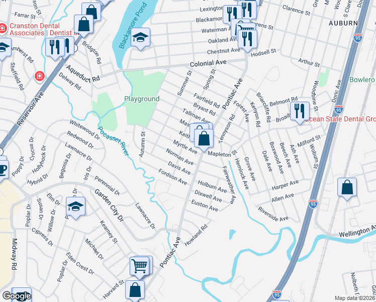 map of restaurants, bars, coffee shops, grocery stores, and more near 33 Norman Avenue in Cranston
