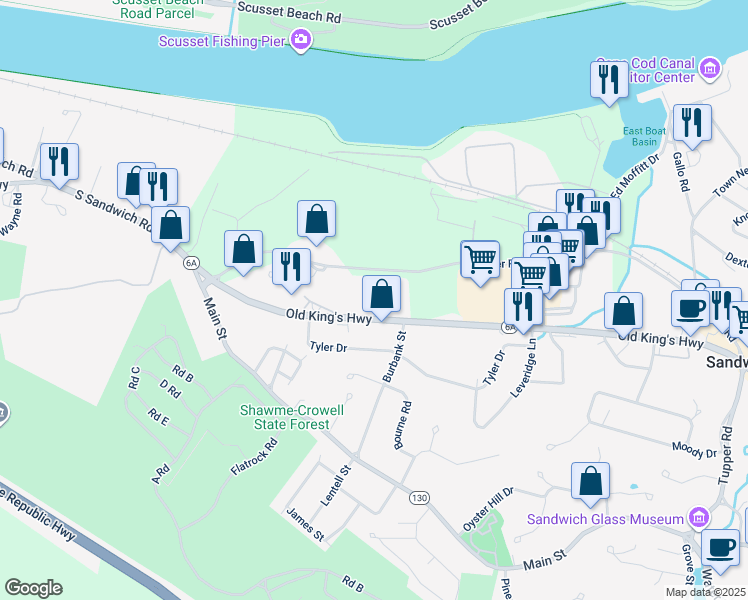 map of restaurants, bars, coffee shops, grocery stores, and more near 37 Massachusetts 6A in Sandwich