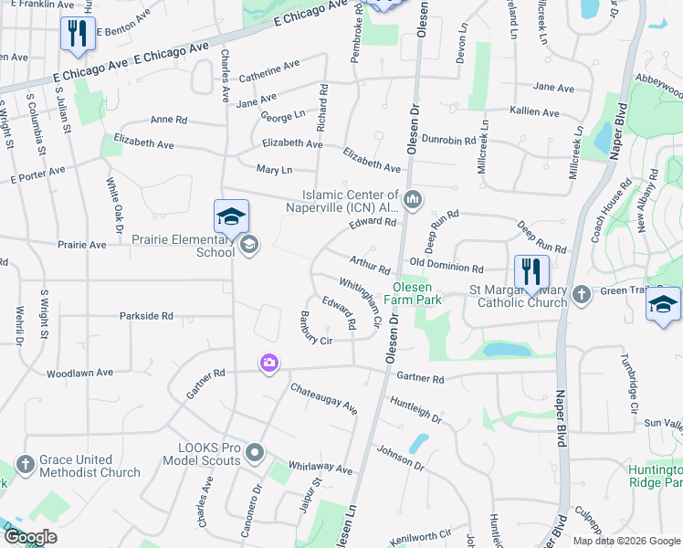 map of restaurants, bars, coffee shops, grocery stores, and more near 1219 Whitingham Circle in Naperville