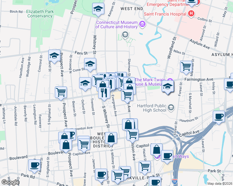 map of restaurants, bars, coffee shops, grocery stores, and more near 9 Evergreen Avenue in Hartford